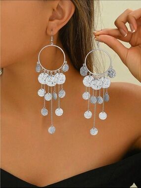Silver Coin Dangle Hoop Earrings - Women Jewelry